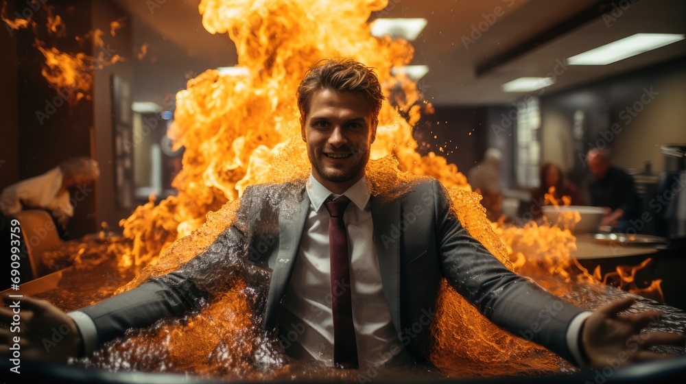 Corporate office worker in the middle of a fire with a water bucket, Chaos.