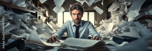 Businessman with piles of paperwork and steering chaos in the workplace. photo