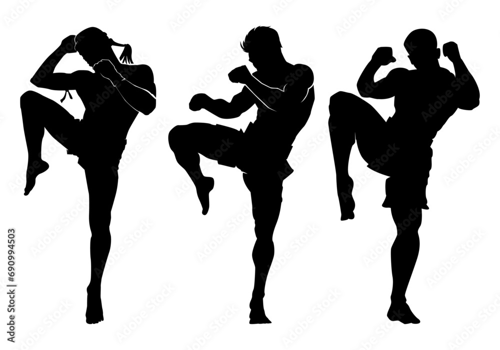 Thai boxing . Self-defense art on white background . martial arts body-vector.silhouette of a person - obrazy, fototapety, plakaty 