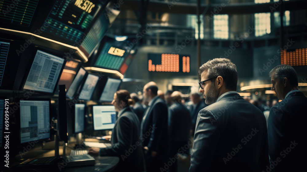 A crowd of people work on the stock exchange.