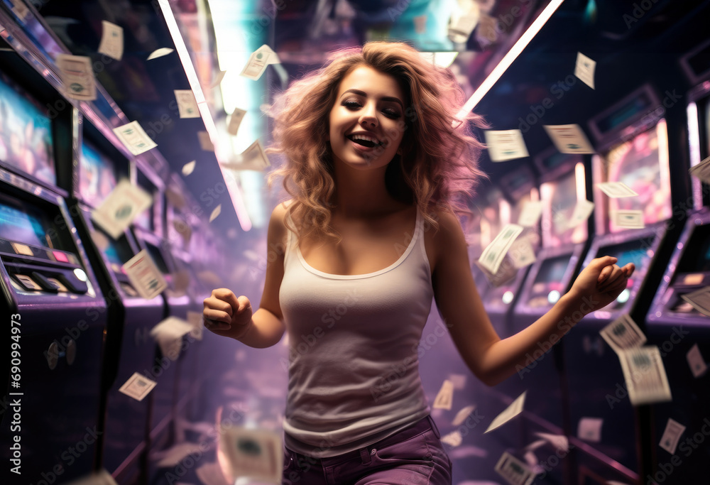 Pretty girl dancing with rain money while win slot machine in tunnel.
