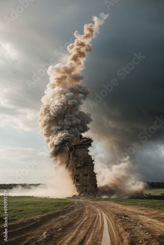 A big powerful tornado on a field with a road. Natural disasters, cataclysms concepts.
