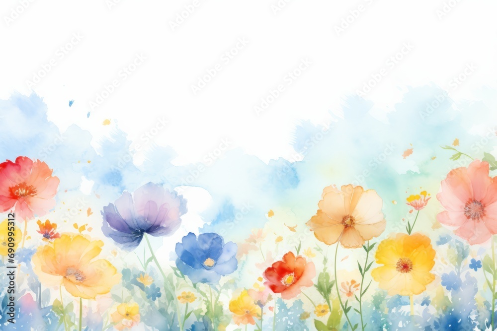 Watercolor illustration of a abstract spring flowers background with a copy space. AI generative - obrazy, fototapety, plakaty 