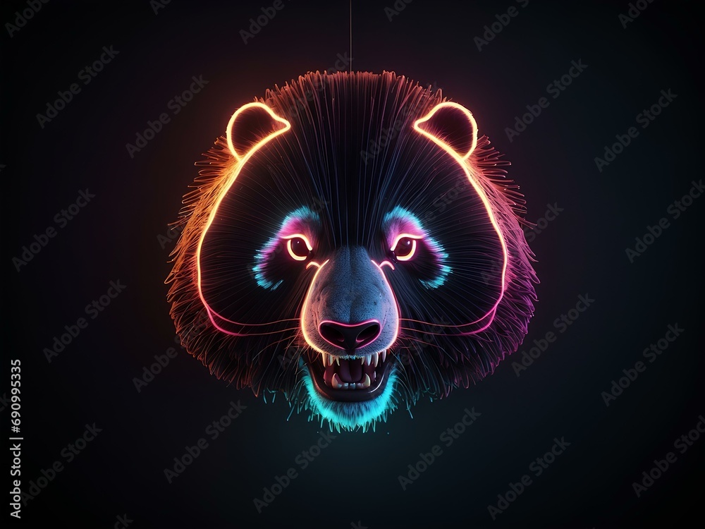 transparent glowing panda face, glowing lines, black background, for design, isolated