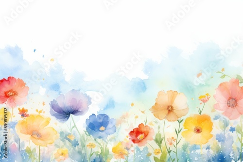 Watercolor illustration of a abstract spring flowers background with a copy space. AI generative photo