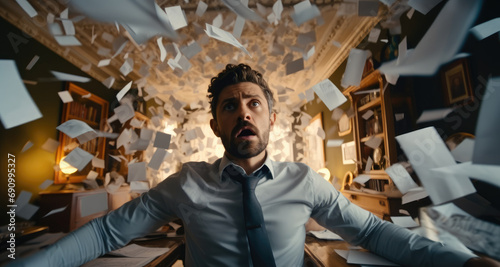 Businessman in a work office overwhelmed with scattered paper everywhere.