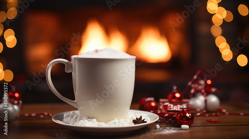 Mug of milk in front of fireplace.