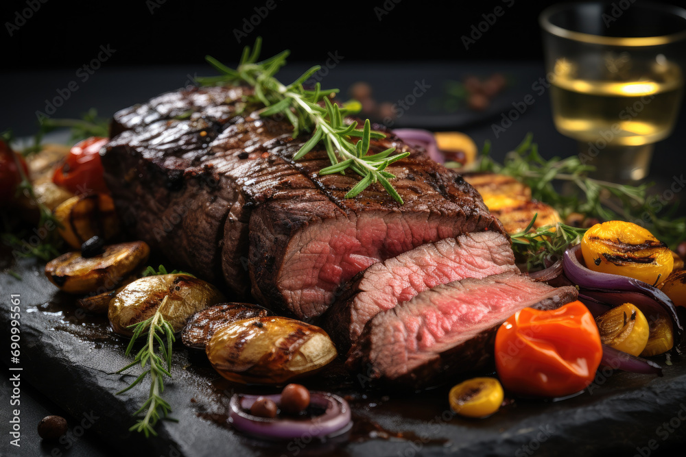 Grilled beef steak rare sliced with vegetables, Sliced grilled beef.