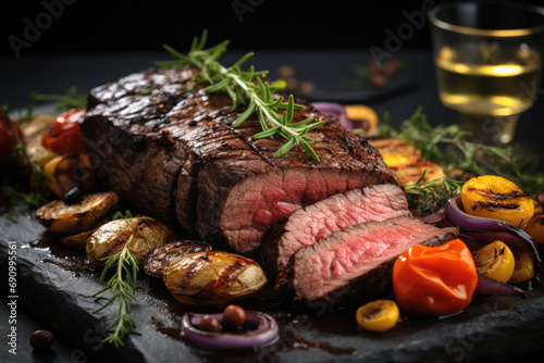 Grilled beef steak rare sliced with vegetables, Sliced grilled beef.