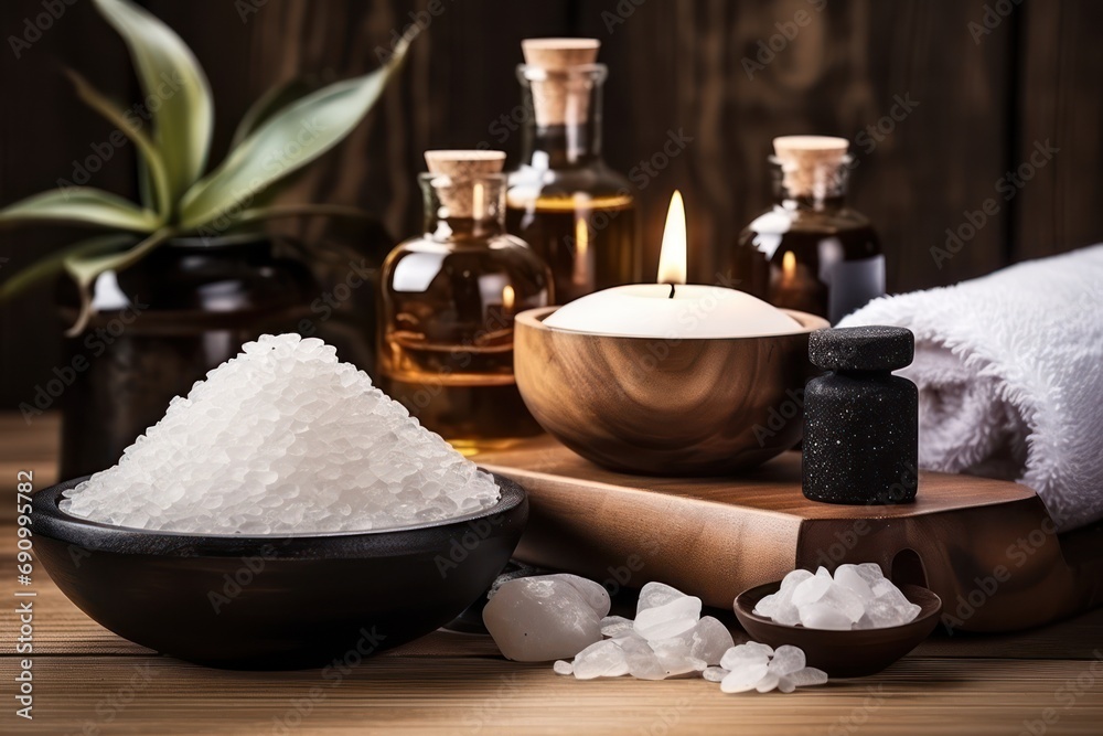 beauty treatment items for spa procedures on wooden table