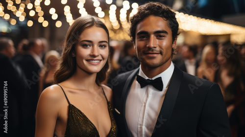 Mixed race Gen z couple, Man in smart tuxedo and woman in little cocktail dress walking through photographers on a red carpet.