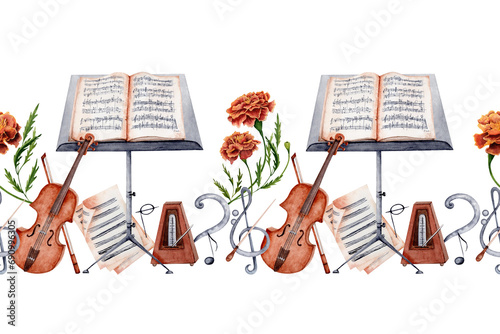 Repeating banner design. Violin, Music Stand, Sheet Music, Baton, Metronome, Treble, Bass Clef decorated with marigold flowers composition. Watercolor illustration isolated on transparent background