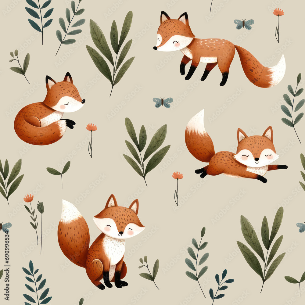 Cute cartoon foxes seamless pattern, neutral red and green colors, design for children's textile, stationery, packaging, decals, wallpaper, crafting materials, themed merchandise