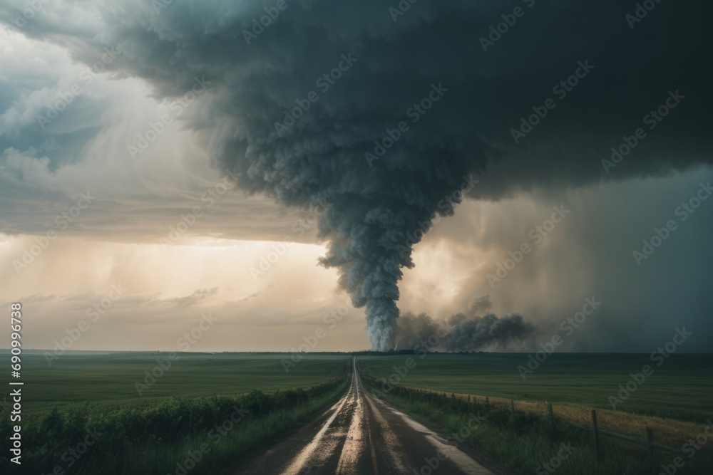 A large tornado in the agricultural fields. Natural disasters, cataclysms concepts. A large tornado in the agricultural fields. Natural disasters, cataclysms concepts.