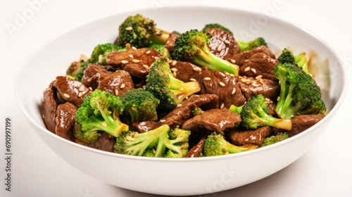 Delicious Chinese Beef and Broccoli Stir Fry on White Background AI Generated
