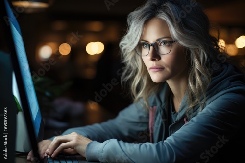 A middle-aged woman concentrated in front of her pc.