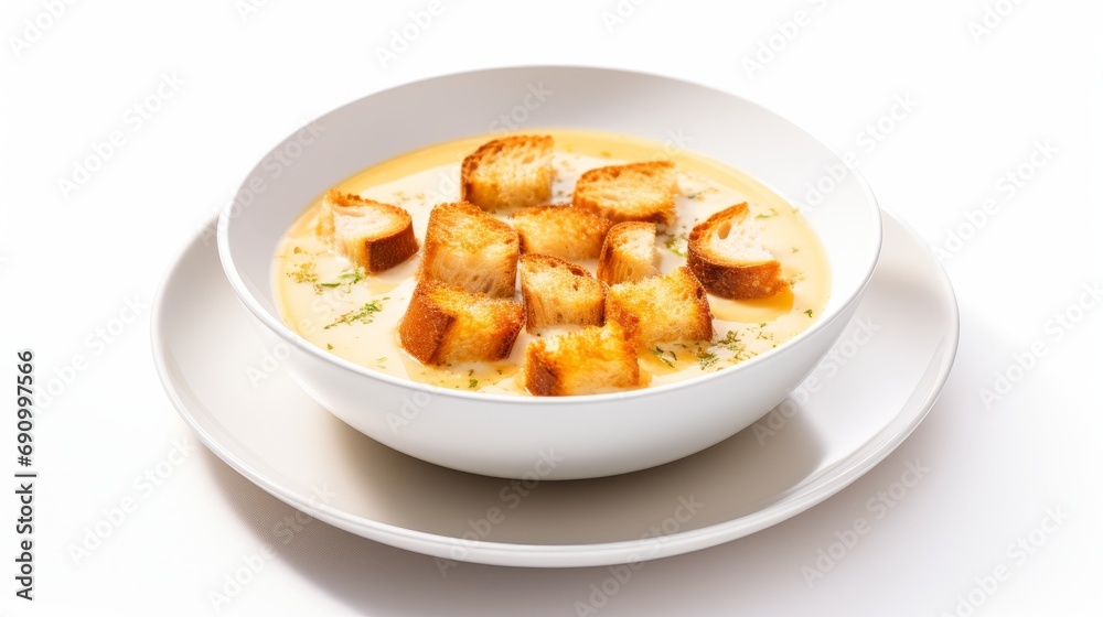 Delicious French Onion Soup with Cheese Crouton on White Background AI Generated Delicious French Onion Soup with Cheese Crouton on White Background AI Generated