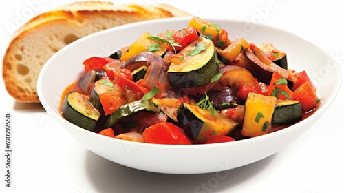 Delicious French Ratatouille with Crusty Bread on White Background AI Generated