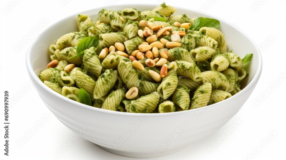 Delicious Italian Pesto Pasta with Pine Nuts on White Background AI Generated Delicious Italian Pesto Pasta with Pine Nuts on White Background AI Generated