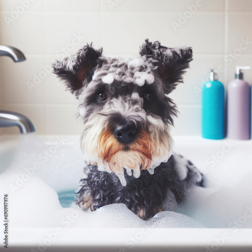 Blue terrier dog in bathtub full of soap foam. ai generative