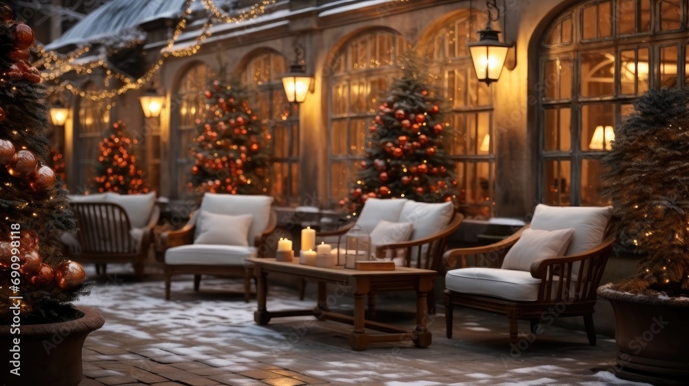 One of the courtyard in the garden is decorated with Christmas lights, Trees and chairs.