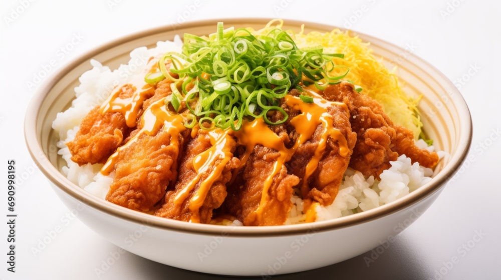 Delicious Japanese Katsudon Pork Cutlet Over Rice on White Background AI Generated