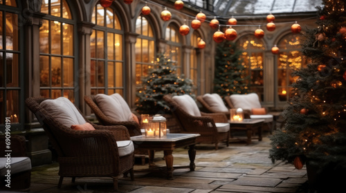 One of the courtyard in the garden is decorated with Christmas lights, Trees and chairs.