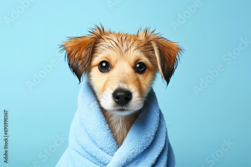 cute dog with a towel rolled on his head after a shower on a blue background. ai generative