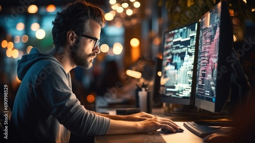 Focused developer coder in glasses working on computer looking at programming code data.