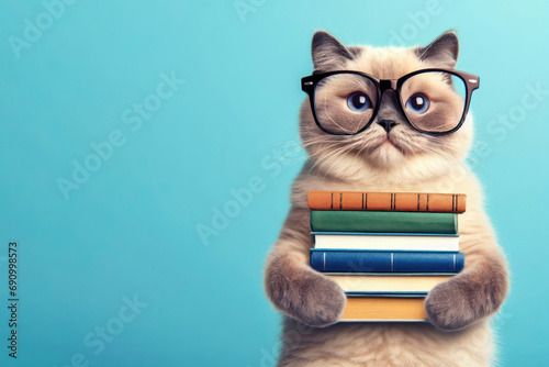 funny smiling cat school with glasses hold books on blue background. ai generative