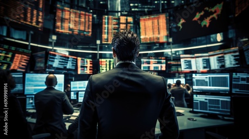 A bustling stock market floor where traders in sharp suits, Surrounded by an array of screens displaying real-time financial data. The atmosphere is intense.