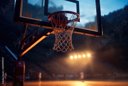 Close view of a basketball hoop, Dark lighting.