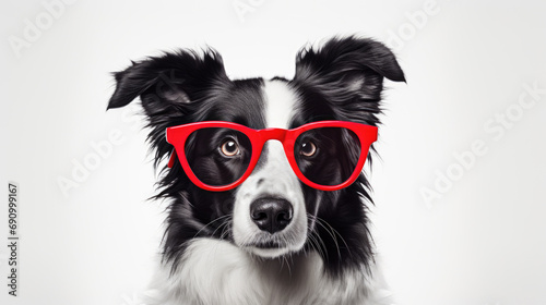 ?lose-up of a happy Border Collie dog , wearing bright red glasses, smiling with its tongue out in a cheerful and playful manner. © MP Studio