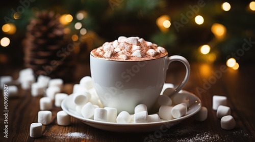 Cup of cocoa with marshmallows on a wooden background with Christmas tree branches.