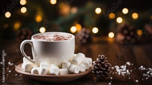 Cup of cocoa with marshmallows on a wooden background with Christmas tree branches.