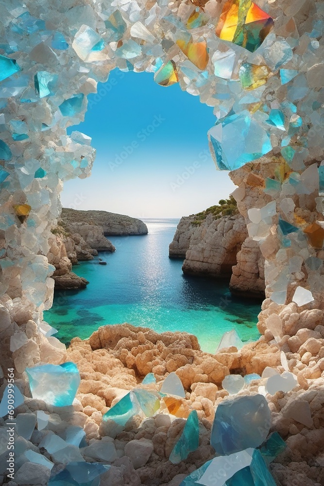 Crystal archway framing a secluded cove with turquoise waters - obrazy, fototapety, plakaty 
