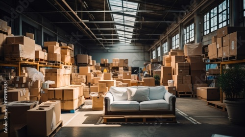 Furniture being stored in a warehouse.