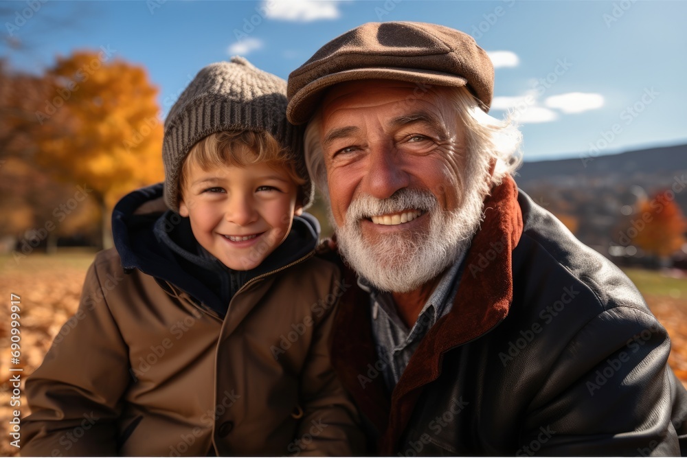 Happy American grandfather and kid in park. Happy American grandfather and kid in park.