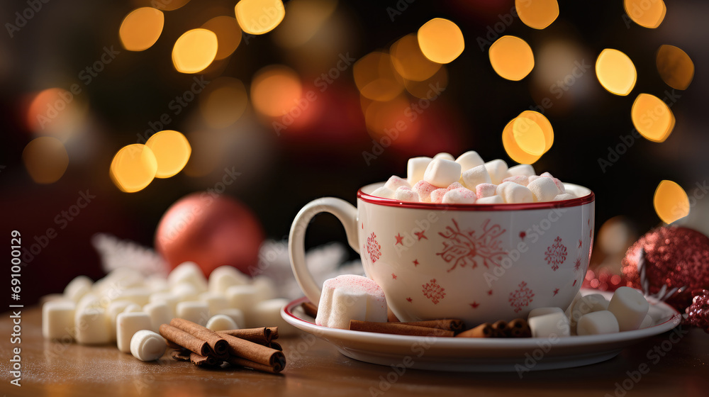 A cup with hot chocolate with marshmallows in front of ornaments. A cup with hot chocolate with marshmallows in front of ornaments.