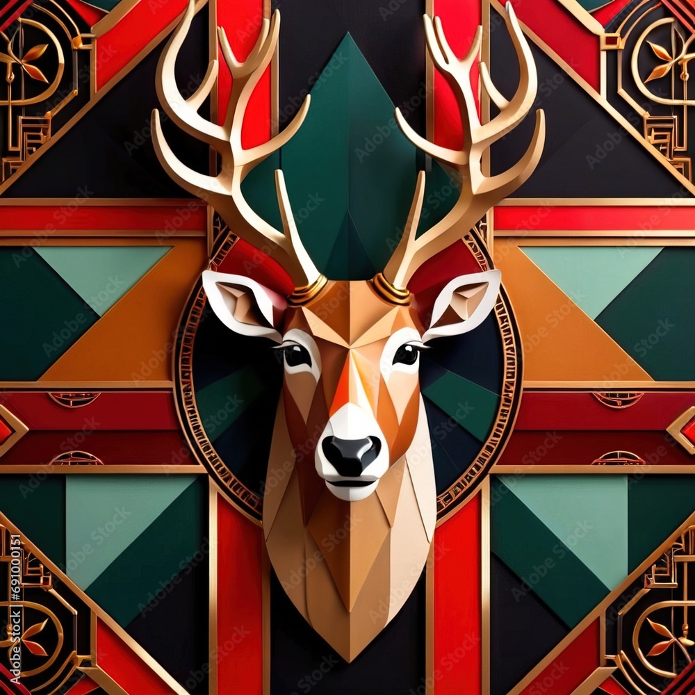 Christmas reindeer, holiday seasonal traditional decoration, vintage art deco illustration