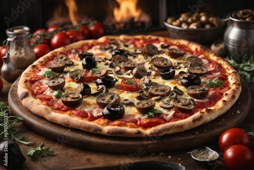 Delicious round hot fresh pizza on a wooden background.