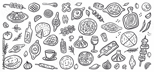 Vector collection of dishes of traditional Georgian cuisine: shish kebab, khinkali, khachapuri, wine, tortillas. The illustration is hand-drawn in the style of doodles.