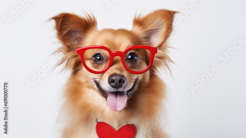 ?lose-up of a happy dog , wearing bright red glasses, smiling with its tongue out in a cheerful and playful manner.