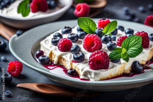Dish of curd topped with fresh mint and berries, raspberries, and blueberries