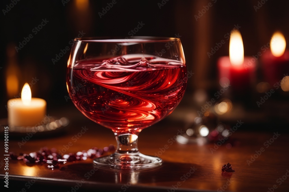 Close-up of a red scented candle in a glass on a romantic background.