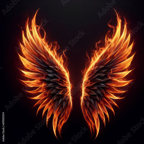 Photo realistic Flame wings on black background. ai generative