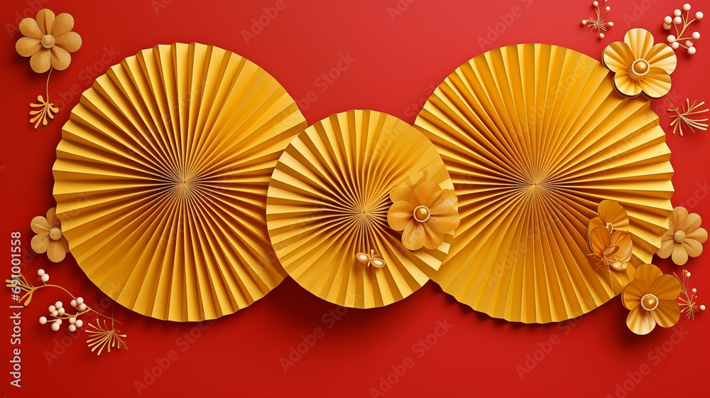 Gold paper fans with on red background. Chinese New Year holiday banner, Lunar New Year greeting card template.