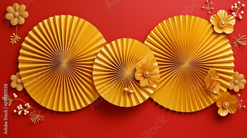 Gold paper fans with on red background. Chinese New Year holiday banner  Lunar New Year greeting card template.