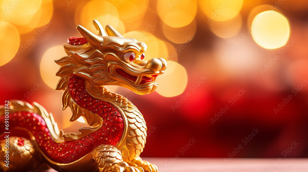 Fototapeta premium Golden Chinese dragon on a red bokeh background,Chinese newyear background
