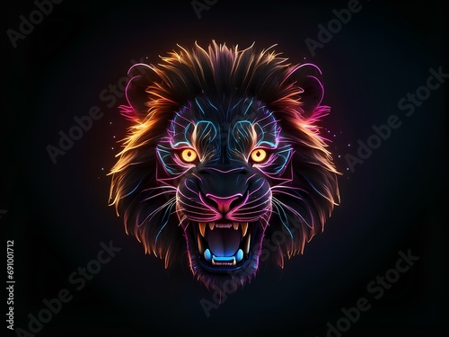 transparent glowing lion face, glowing lines, black background, for design, isolated